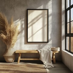 Poster - Natural Light Floods a Minimalist Interior Featuring a Cozy Bench, a Large Empty Frame, and Decorative Pampas Grass in a Serene Setting