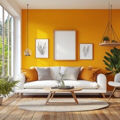 Poster - Bright and Inviting Living Room Featuring Cozy Furniture, Vibrant Orange Walls, and Natural Light Pouring in From Large Windows