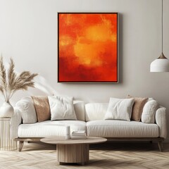 Poster - Warm Hues of Orange Create a Vibrant Ambiance in a Modern Living Room With a Cozy Sofa and Elegant Decor That Invites Relaxation and Creativity