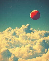 Wall Mural - A red planet hovering above a bed of fluffy white clouds