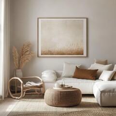 Poster - Cozy Modern Living Room Featuring Neutral Tones, Elegant Decor, and Natural Textures in a Serene and Inviting Atmosphere