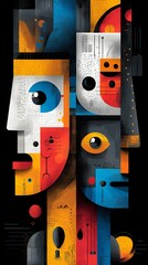 Poster - Exploring Abstract Emotions Through Vibrant Faces and Intricate Patterns in a Modern Artistic Display