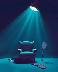 Poster - Unexpected Solitude in a Dimly Lit Room Showcases an Inviting Armchair Surrounded by Tennis Equipment and Soft Shadows for a Unique Visual Experience