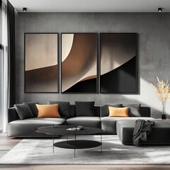 Poster - Elegant Modern Living Room Showcases a Stunning Triptych Artwork in a Serene Space With Stylish Furniture and Cozy Ambiance During Daylight Hours