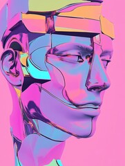Poster - Colorful Humanoid Figure With Reflective Surfaces and Intricate Geometric Designs on a Vibrant Pink Background