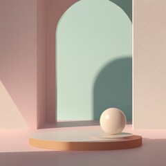 Poster - Minimalist Scene Featuring a Spherical Object on a Simple Pedestal With Pastel Archways, Creating a Serene and Artistic Ambiance in a Soft-Lit Room