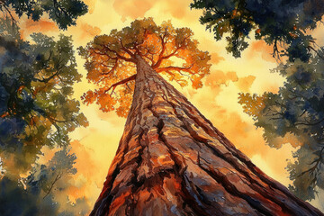 Poster - Majestic redwood tree viewed from below, bathed in warm sunset light, surrounded by towering pines.
