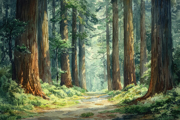 Poster - A sun-dappled path winds through a majestic redwood forest, creating a serene and mystical atmosphere.