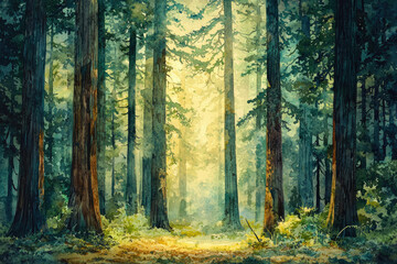 Poster - A serene watercolor painting depicting a sunlit redwood forest, tall trees casting shadows on a misty path.