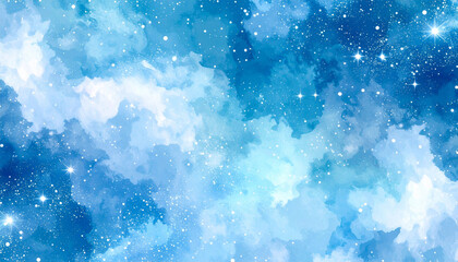Wall Mural - Watercolor cosmic art depicts a swirling galaxy with bright stars and soft clouds of blue and white hues, creating an enchanting celestial atmosphere