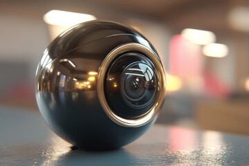 Poster - A wireless indoor CCTV camera with spherical design on a table surface, soft studio lighting emphasizing the glossy finish and lens reflections