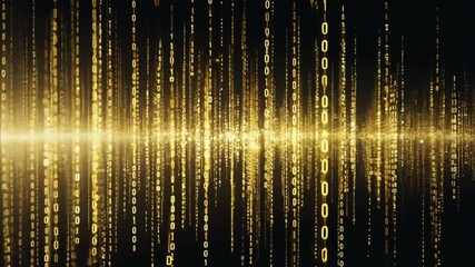 Poster - Golden digital rain dances in a dark realm showcasing the beauty of binary code