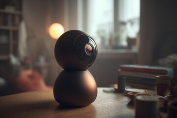 Poster - Modern Security Camera: A sleek and stylish home security camera on wooden table, designed to blend seamlessly into any interior decor, providing peace of mind.