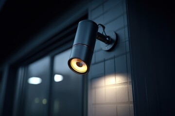 Poster - A modern surveillance camera mounted on a tiled wall provides security and peace of mind, ensuring safety with its sleek design and advanced technology indoors.