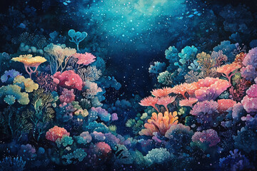 Aufkleber - Vibrant underwater scene depicting a colorful coral reef flourishing under a starry, dark blue ocean.