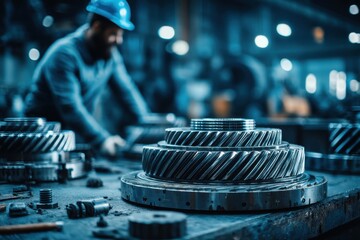 Poster - a close-up shot of industrial gears and a blurred engineer in the background, showcasing precision e