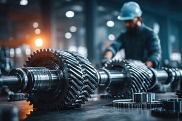 Poster - close-up of large industrial gears with a worker in background, showcasing the precision engineering