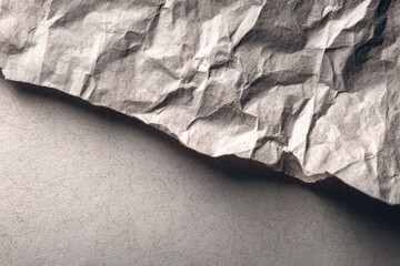 Poster - Close-up of a textured, light-gray crumpled paper, creating an abstract pattern with deep shadows and folds, providing a rustic and artistic background effect.