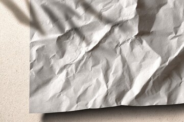 Poster - Close-up shot of a crumpled white sheet of paper revealing abstract patterns with soft shadows and texture on a light beige surface creating unique background.