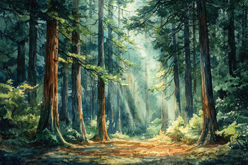 Poster - Sunbeams pierce a dense redwood forest, illuminating a tranquil path.