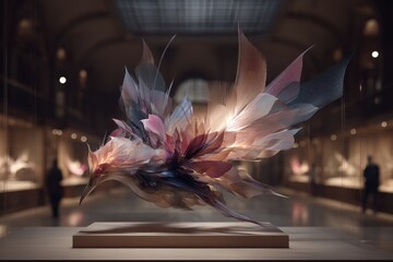 Poster - An elegant and graceful glass sculpture of a hummingbird, displayed in a museum, showcasing delicate craftsmanship and artistic vision with blurred background.