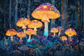 Aufkleber - Luminous mushrooms illuminate a mystical forest at night, creating a magical, enchanting scene.