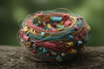 Poster - Close up of a unique nest-like object made of colorful strings and rolled-up paper, placed on a textured surface with a soft, blurred green background, art installation.