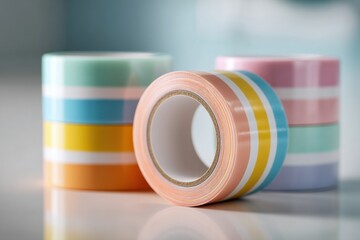 Poster - three colorful rolls of striped masking tape arranged on a light surface, creating a vibrant and pla