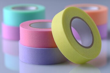 Poster - A colorful collection of pastel-toned tape rolls arranged on a reflective surface, creating a pleasing visual harmony and showcasing their texture and design details.