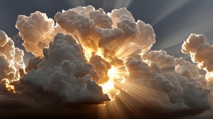 Wall Mural - Radiating sunbeams behind fluffy clouds on dark sky
