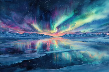 Aufkleber - Vibrant aurora borealis illuminates a frozen arctic landscape, reflecting its magical colors on the still water.