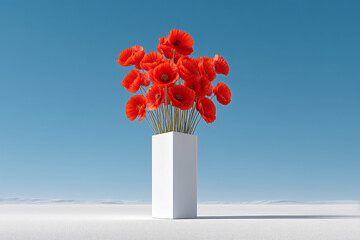 Poster - A bouquet of vibrant red poppies in a modern white vase against a clear blue sky