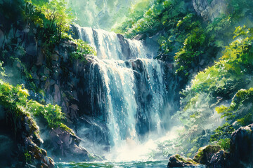 Aufkleber - Serene waterfall cascading down rocky cliffs, lush green foliage surrounds the tranquil scene.