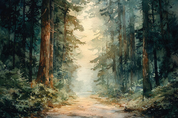 Aufkleber - A serene watercolor painting of a misty forest path, tall trees creating a magical atmosphere.