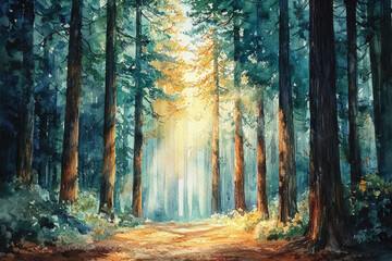 Poster - Sunlit path through a majestic redwood forest, serene and peaceful atmosphere.
