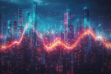 Poster - Futuristic cityscape at night with vibrant energy waves flowing through buildings, showcasing technological advancement.