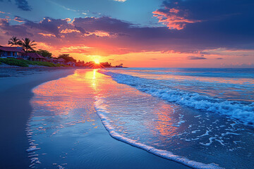 Poster - Breathtaking sunset over a tropical beach with palm trees and tranquil ocean waves.