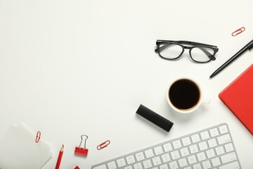 Poster - Flat lay composition with stationery and coffee on white background. Space for text