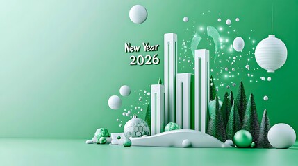 Poster - Futuristic new year 2026 city landscape with trees and ornaments


