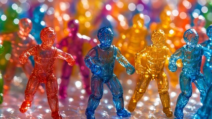 Aufkleber - Colorful figures stand on bubble wrap with a multicolored, bright and defocused background.