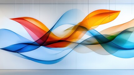 Poster - Bright, flowing waves of color in red, orange, blue, and green create a dynamic atmosphere in a sleek art gallery. Natural light enhances the vibrant design and modern space.