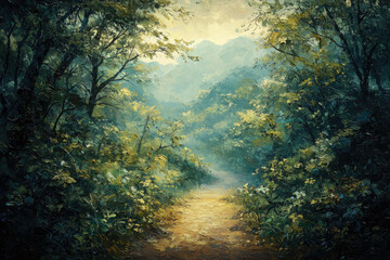 Poster - A sunlit path winds through a lush, verdant forest, leading towards misty mountains.