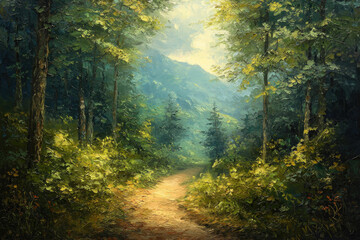 Poster - A sunlit path winds through a lush green forest, leading towards a misty mountain range.