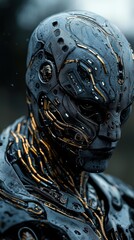 Poster - A robot with gold and silver parts on its face. The robot is made of metal and has a futuristic look