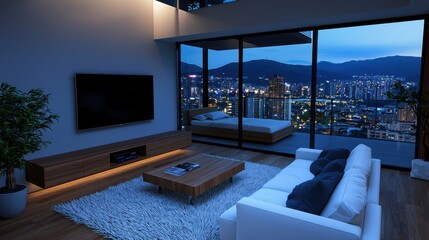 Poster - A large living room with a white couch and a black television. The room has a modern and sophisticated feel, with a large window that offers a stunning view of the city below. The room is well-lit