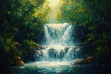 Aufkleber - Serene waterfall cascading through lush, vibrant green tropical rainforest.