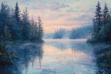 Aufkleber - Serene sunrise over a misty lake reflecting pastel colors, surrounded by tranquil evergreen forest.