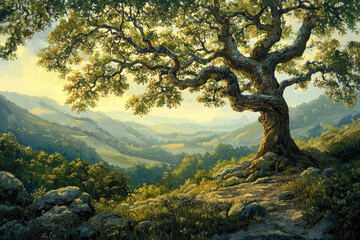 Poster - Majestic oak tree overlooking a serene valley bathed in the golden light of dawn.