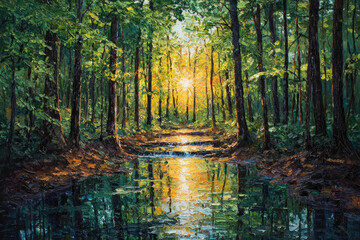 Poster - Sunlit forest path reflected in a tranquil stream, creating a serene and picturesque landscape.