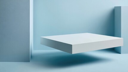 Poster - Hovering white cube platform suspended in minimalist blue space, providing sleek display surface for contemporary product presentation with clean, abstract aesthetic